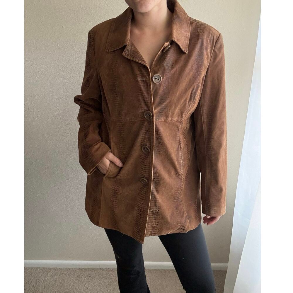 Vintage 90s Erin London Brown Faux Suede liquid Snakeskin leather jacket retro